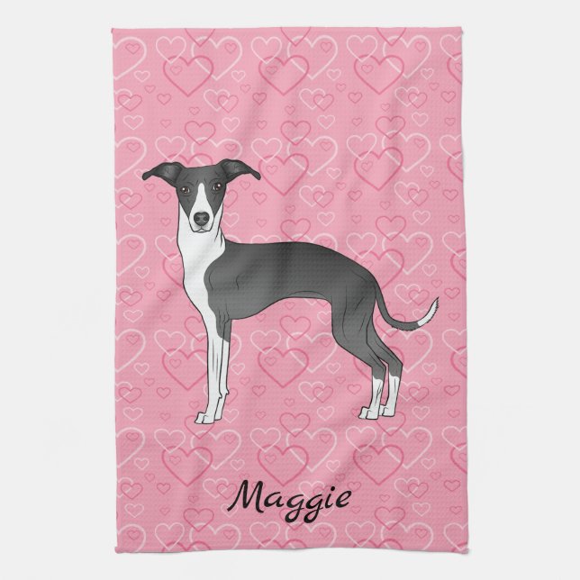 Black And White Italian Greyhound On Pink Hearts Kitchen Towel (Vertical)