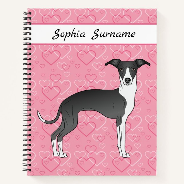 Black And White Italian Greyhound On Pink Hearts Notebook (Front)