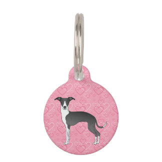Black And White Italian Greyhound On Pink Hearts Pet ID Tag