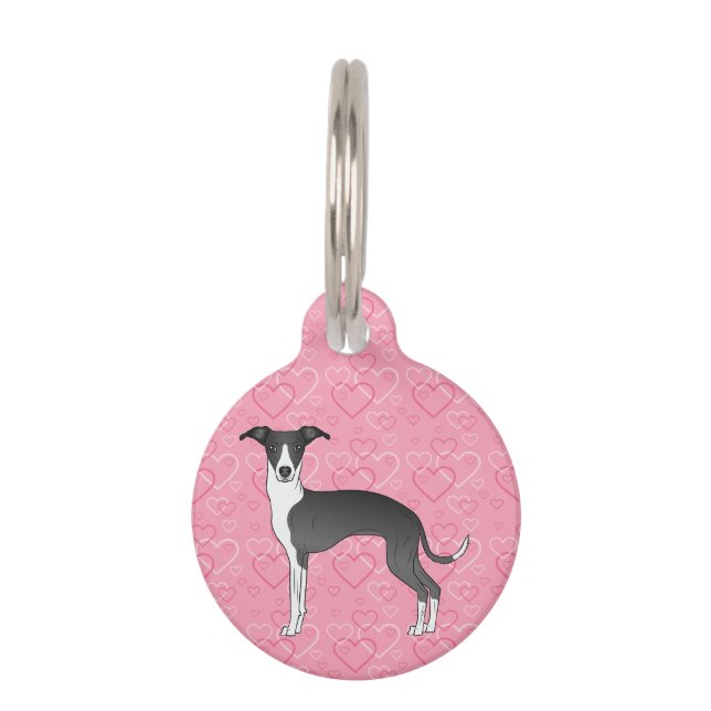 Black And White Italian Greyhound On Pink Hearts Pet ID Tag (Front)