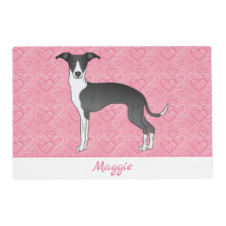 Black And White Italian Greyhound On Pink Hearts Placemat