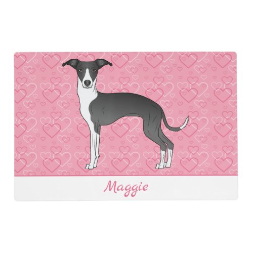 Black And White Italian Greyhound On Pink Hearts Placemat