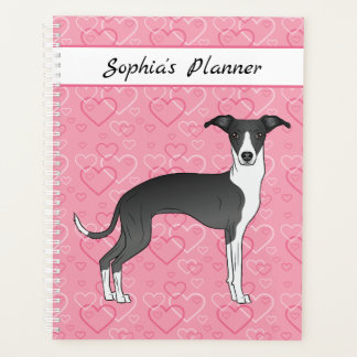 Black And White Italian Greyhound On Pink Hearts Planner