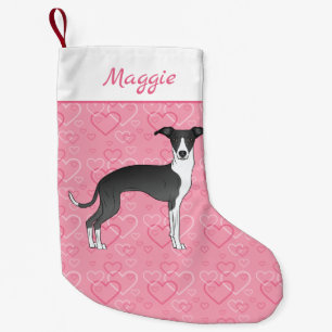 Black And White Italian Greyhound On Pink Hearts Small Christmas Stocking