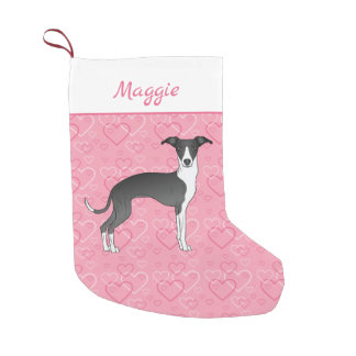 Black And White Italian Greyhound On Pink Hearts Small Christmas Stocking