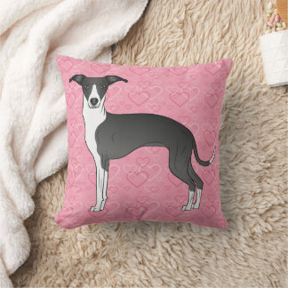 Black And White Italian Greyhound On Pink Hearts Throw Pillow