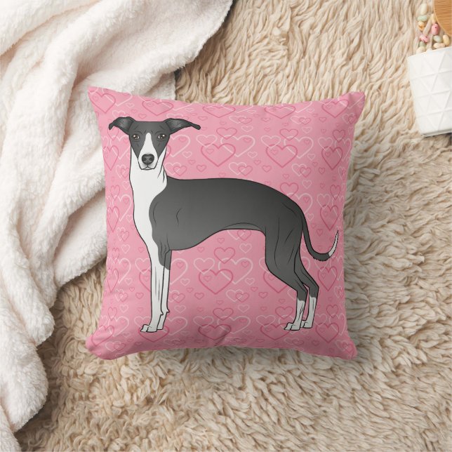 Black And White Italian Greyhound On Pink Hearts Throw Pillow (Blanket)