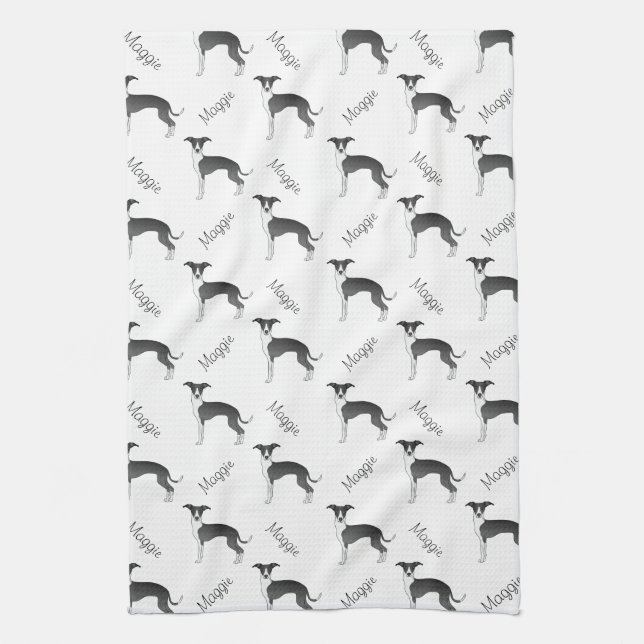 Black And White Italian Greyhound Pattern And Name Kitchen Towel (Vertical)