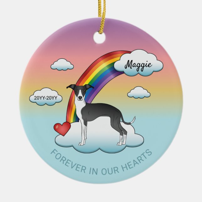 Black And White Italian Greyhound Rainbow Memorial Ceramic Ornament (Front)