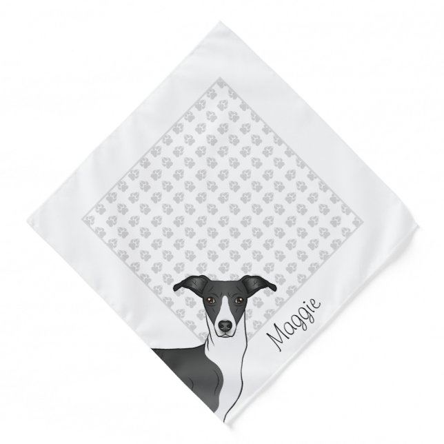 Black And White Italian Greyhound With Custom Name Bandana (Front)