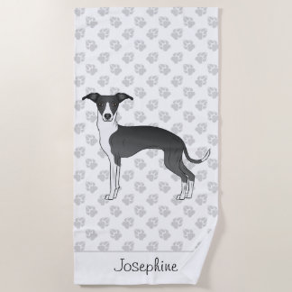 Black And White Italian Greyhound With Custom Name Beach Towel
