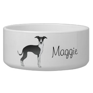Black And White Italian Greyhound With Custom Name Bowl