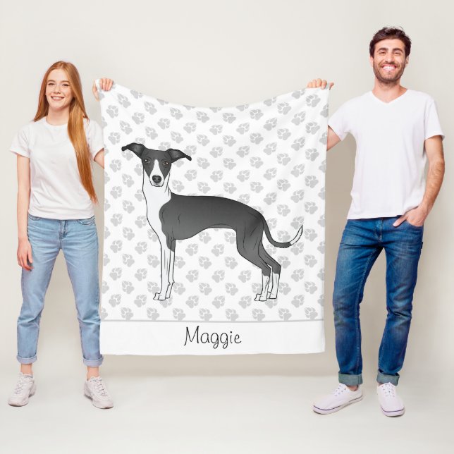 Black And White Italian Greyhound With Custom Name Fleece Blanket (In Situ)
