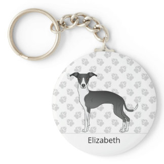 Black And White Italian Greyhound With Custom Name Keychain