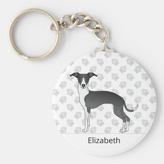 Black And White Italian Greyhound With Custom Name Keychain (Front)