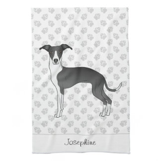 Black And White Italian Greyhound With Custom Name Kitchen Towel