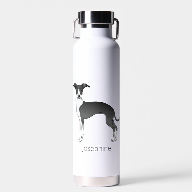 Black And White Italian Greyhound With Custom Name Water Bottle (Front)