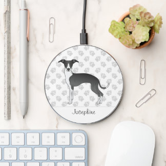 Black And White Italian Greyhound With Custom Name Wireless Charger