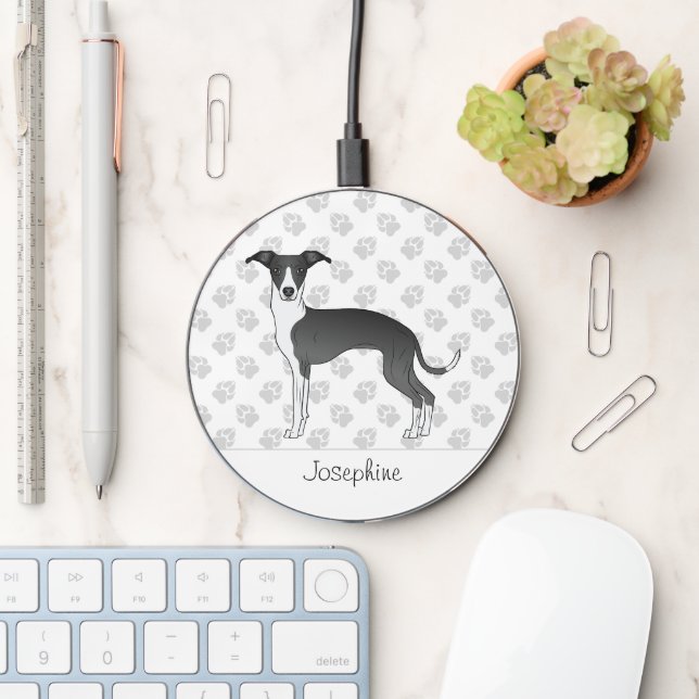 Black And White Italian Greyhound With Custom Name Wireless Charger (Desk)