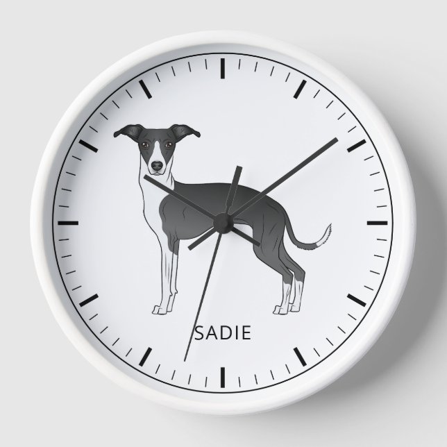 Black And White Italian Greyhound With Custom Text Clock (Front)