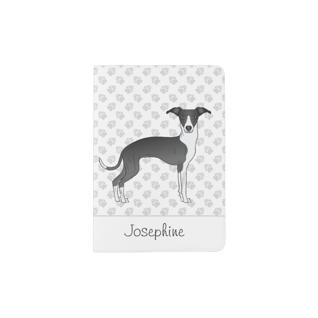 Black And White Italian Greyhound With Custom Text Passport Holder (Front)