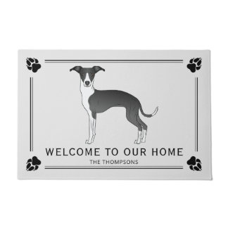 Black And White Italian Greyhound With Paws & Text Doormat
