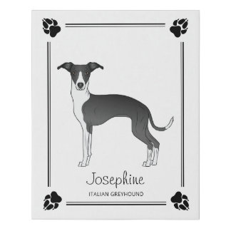 Black And White Italian Greyhound With Paws & Text Faux Canvas Print