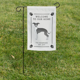Black And White Italian Greyhound With Paws & Text Garden Flag