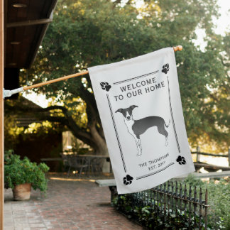 Black And White Italian Greyhound With Paws &amp; Text House Flag