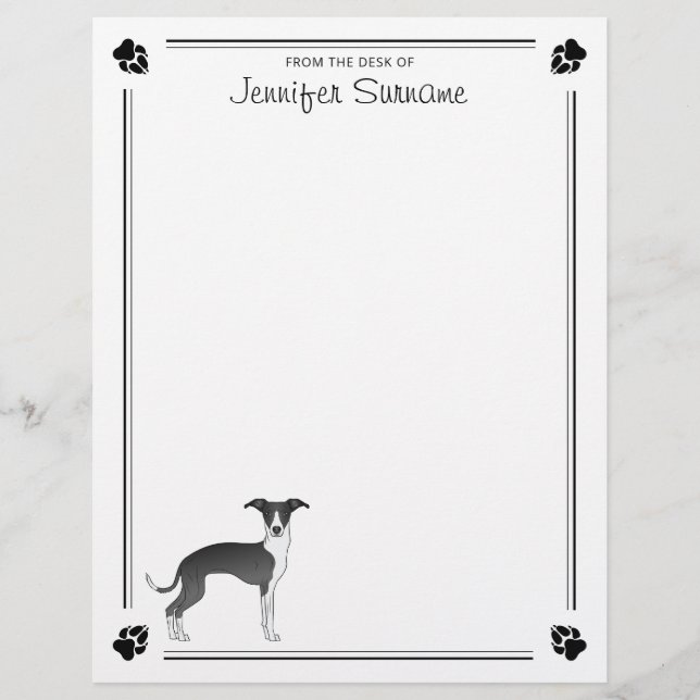 Black And White Italian Greyhound With Paws & Text Letterhead (Front)