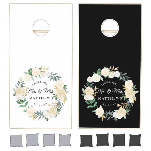 Black and White Ivory Floral Personalized Wedding Cornhole Set