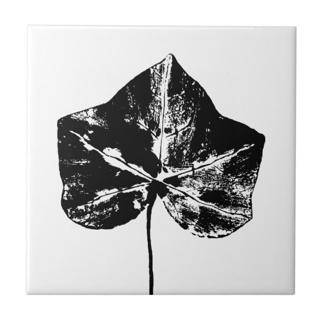 Black and White Ivy Leaf Print Ceramic Tile (Front)