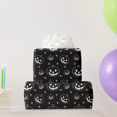 Black and White Jack_O Lanterns Black Halloween Wrapping Paper