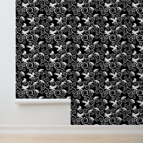 Black and White Jacquard Raven Victorian Gothic Wallpaper