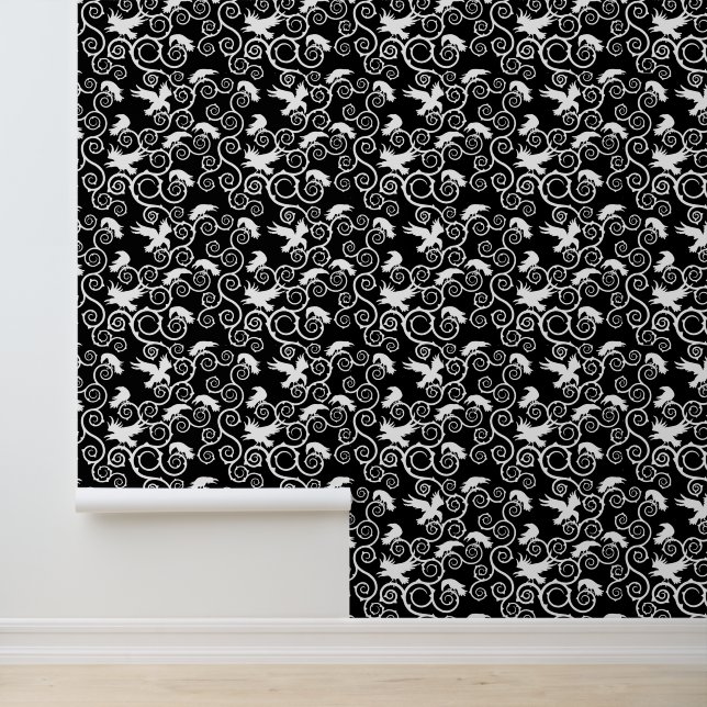 Black and White Jacquard Raven Victorian Gothic Wallpaper (Application)