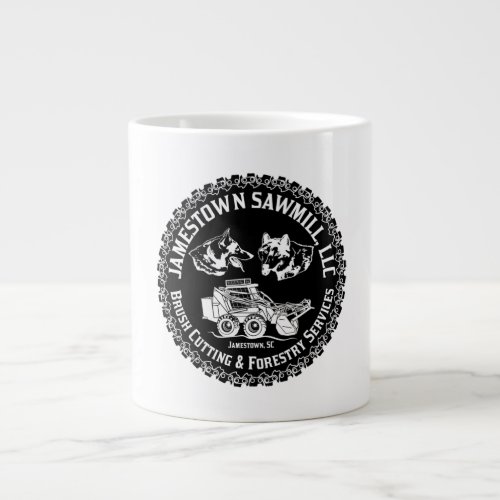 Black And White Jamestown Sawmill Logo On Giant Coffee Mug