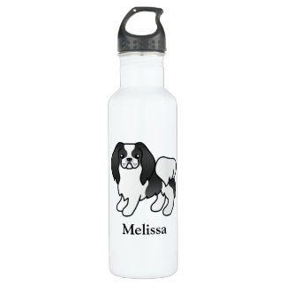 Black And White Japanese Chin Cartoon Dog &amp; Name Stainless Steel Water Bottle