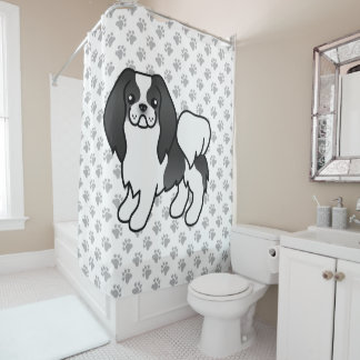 Black And White Japanese Chin Cartoon Dog &amp; Paws Shower Curtain