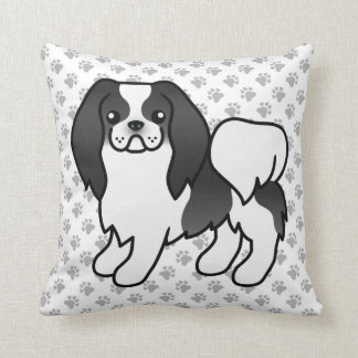 Black And White Japanese Chin Cartoon Dog &amp; Paws Throw Pillow