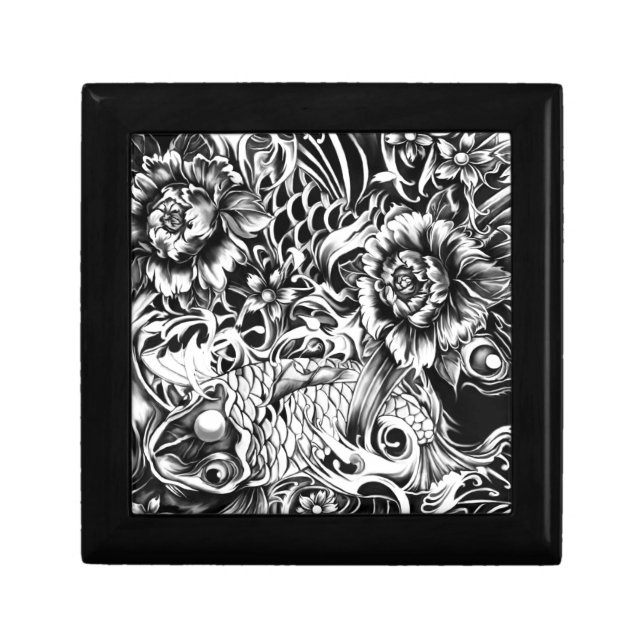 Black and white Japanese Koi tattoo art. Keepsake Box (Front)