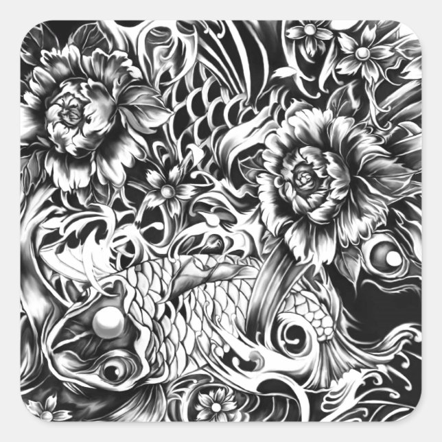 Black and white Japanese Koi tattoo art. Square Sticker (Front)