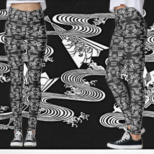Black and White "Japanese Pattern of Fans"  Leggings