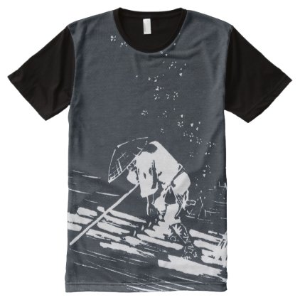 Black and White Japanese Ukiyo-e Hanaikada All-Over-Print T-Shirt