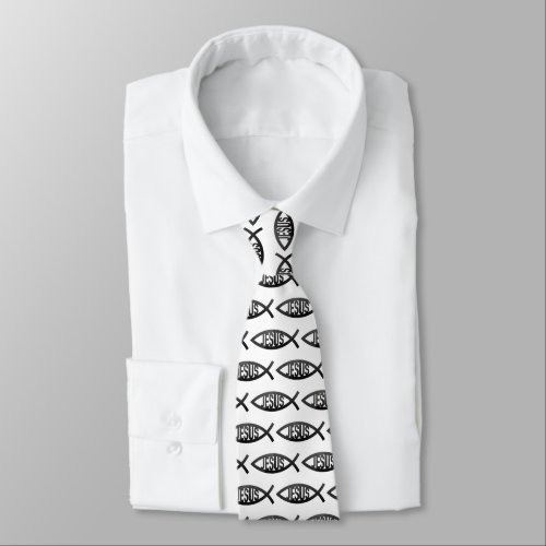 Black and White Jesus Christian Fish Symbol    Neck Tie