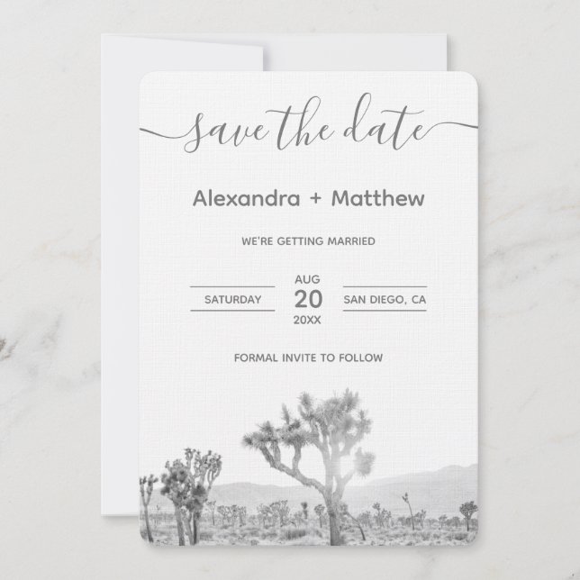 Black and White Joshua Tree Wedding Save the date (Front)