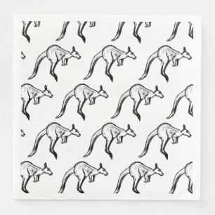 Black and White Jumping Kangaroo Sketch Paper Dinner Napkins