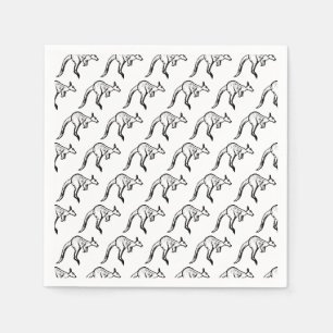 Black and White Jumping Kangaroo Sketch Pattern Napkins