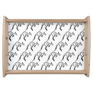 Black and White Jumping Kangaroo Sketch Serving Tray