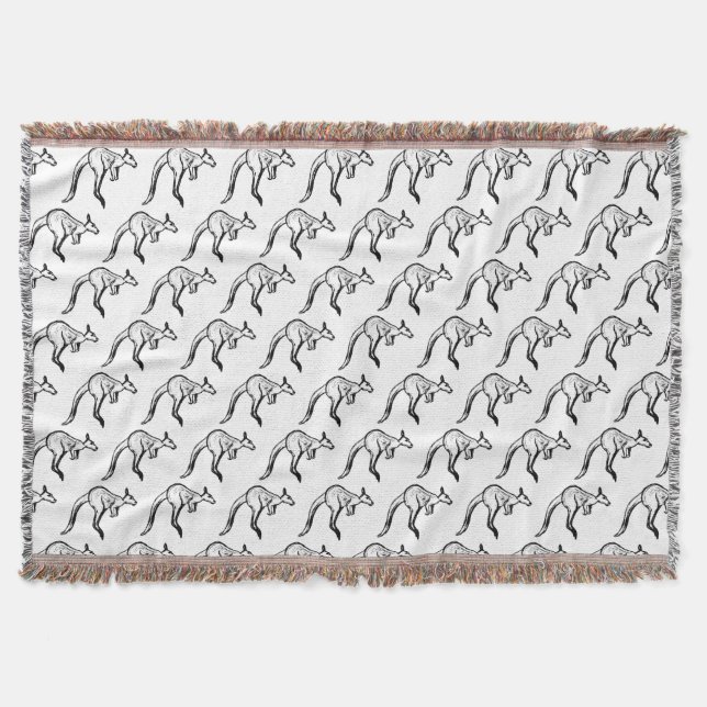 Black and White Jumping Kangaroo Sketch Throw Blanket (Front)