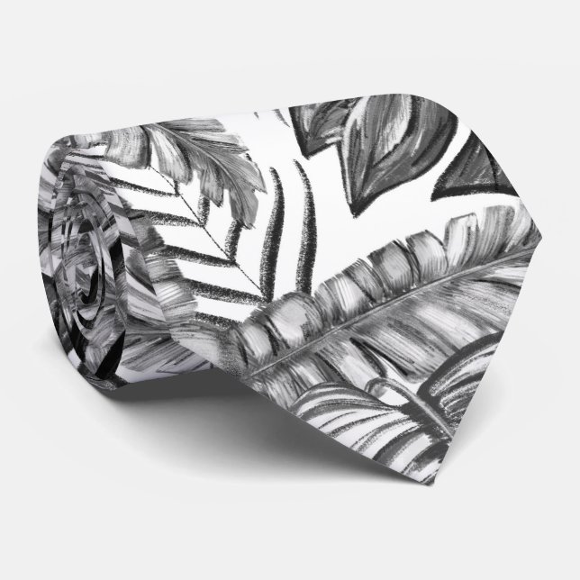Black and white jungle leafs pattern, nature theme neck tie (Rolled)